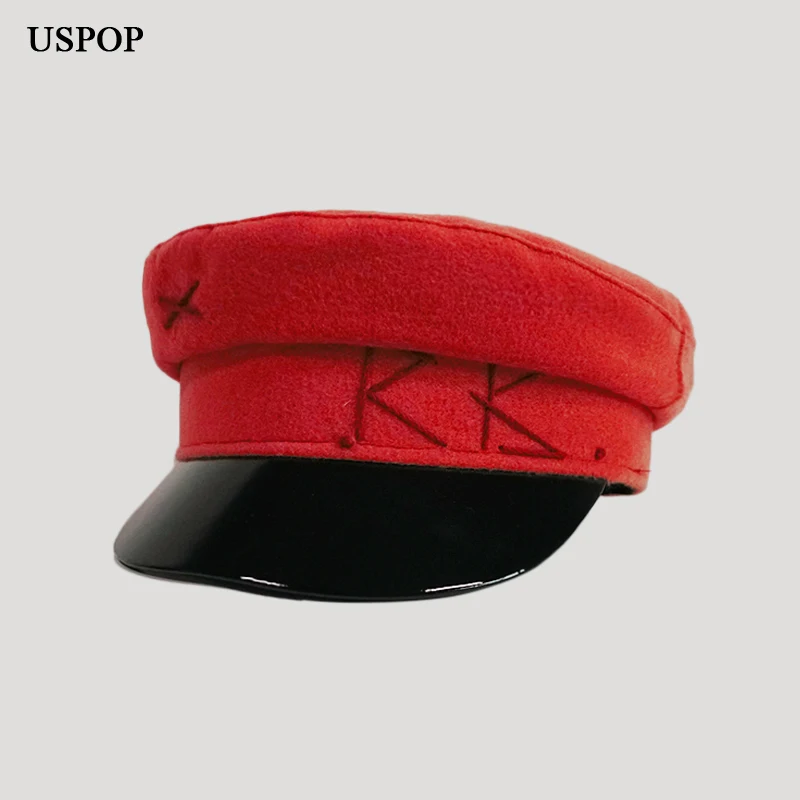 USPOP winter caps women newsboy caps Thick warm letter embroidery wool cap S M L plaid patchwork militray