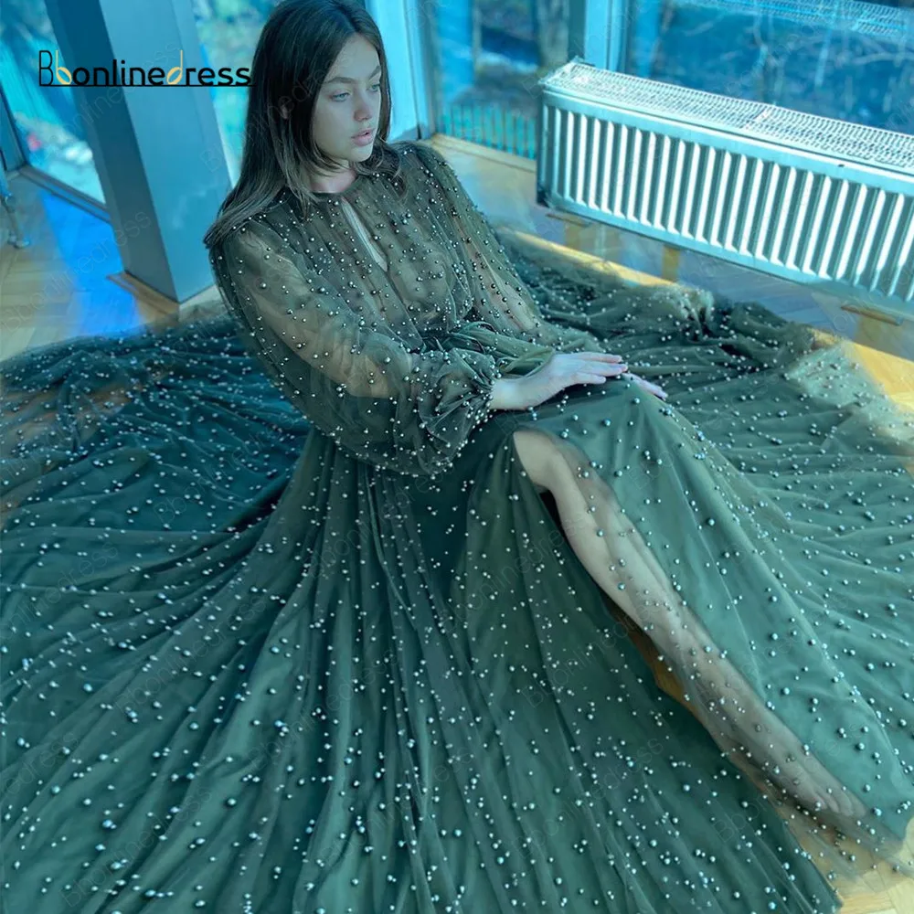 

Bbonlinedress Green Prom Dress Tulle A-Line Prom Dress 2020 Jewel-Neck Long Sleeves Pearl Long Prom Dresses Party Gown Vestidos