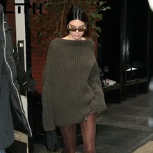

LTPH women sweaters vintage olive green jumper oversized loose coarse yarn knitted pullovers long sleeve top 2022 spring new