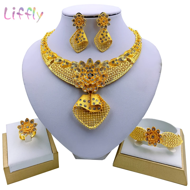 

Liffly African Fashion Jewelry Sets Flower Necklace Bracelet Earrings Ring Crystal Jewelry Wedding Bridal Jewelry Set