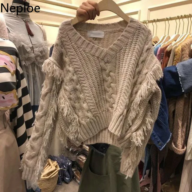 Neploe корейский v-образный вырез твист кисточка вязаный свитер женский длинный