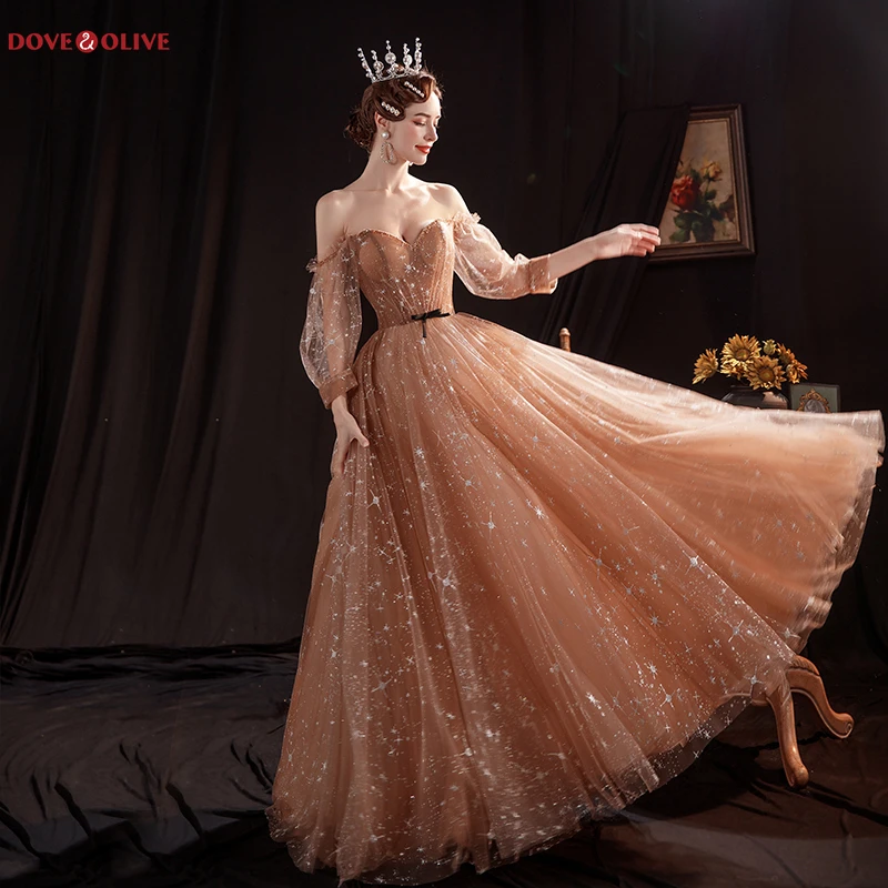 

Кофе Bling платья для выпускного вечера 2020 длинное платье женские вечерние Ночное платье с открытыми плечами длинный рукав трапециевидной фо...