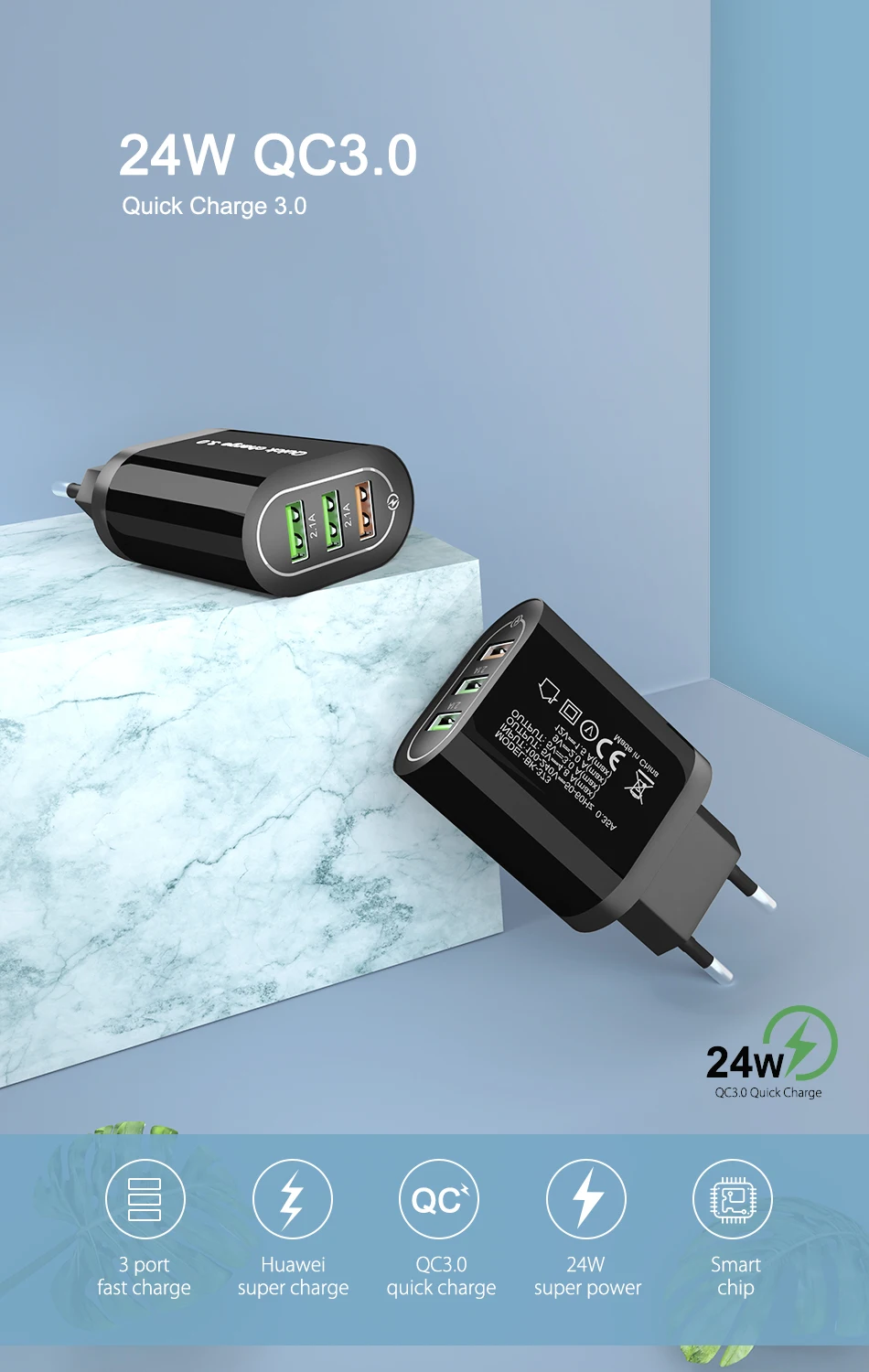 OREY быстрое зарядное устройство 24 Вт QC 3,0, 3,0 A макс 3 порта USB зарядное устройство адаптер Быстрая зарядка для samsung/Xiaomi/huawei зарядное устройство