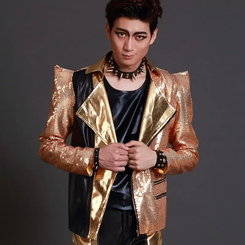 

Nightclub Male Singer Costume Gold Sequined Coat DJ Hiphop Jazz Performance Suit Men Rave Clothes Shiny Stage Outfit DNV13873