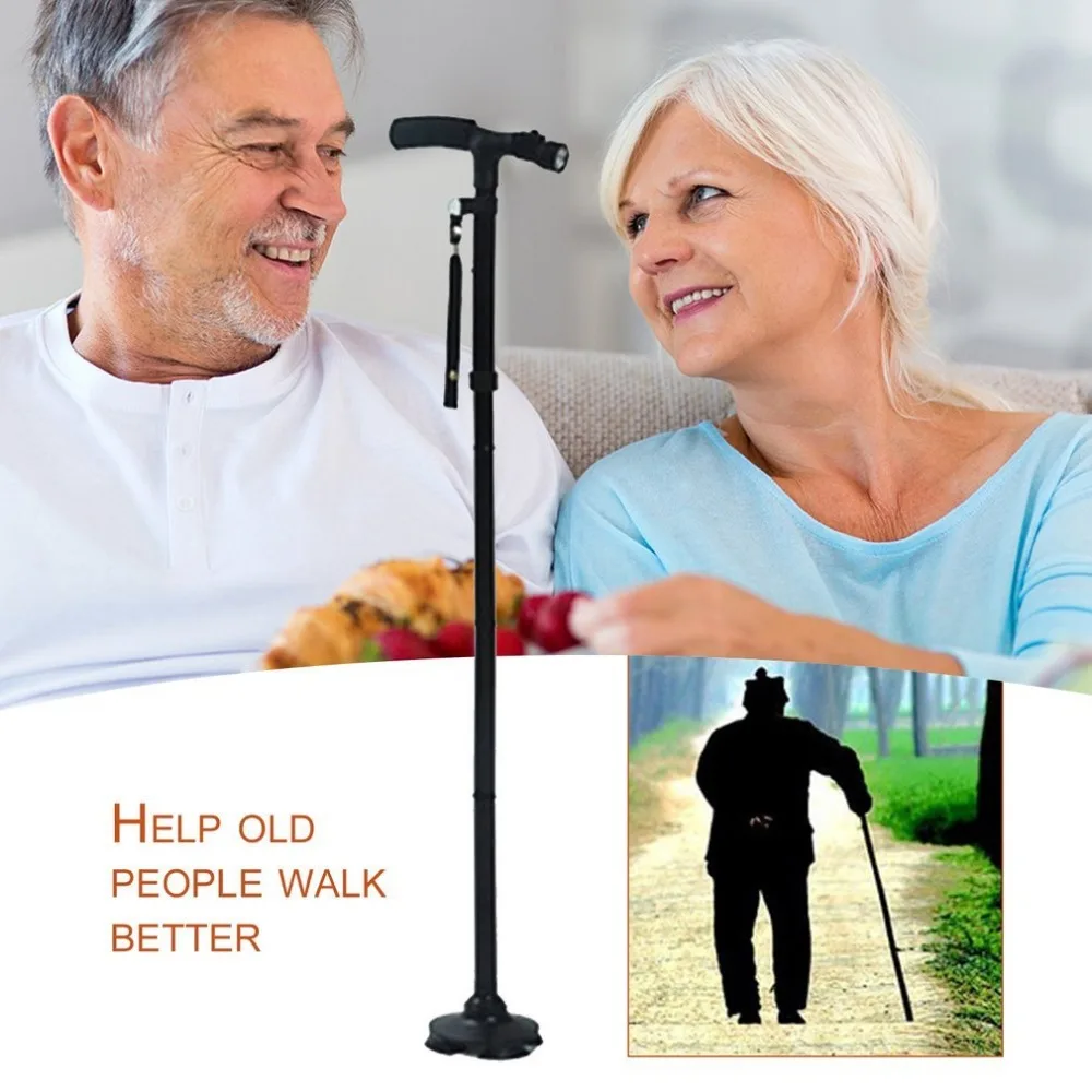 

Magic Cane Folding LED Light Safety Walking Stick 4 Head Pivoting Trusty Base For Old Man T Handlebar Trekking Poles Cane New