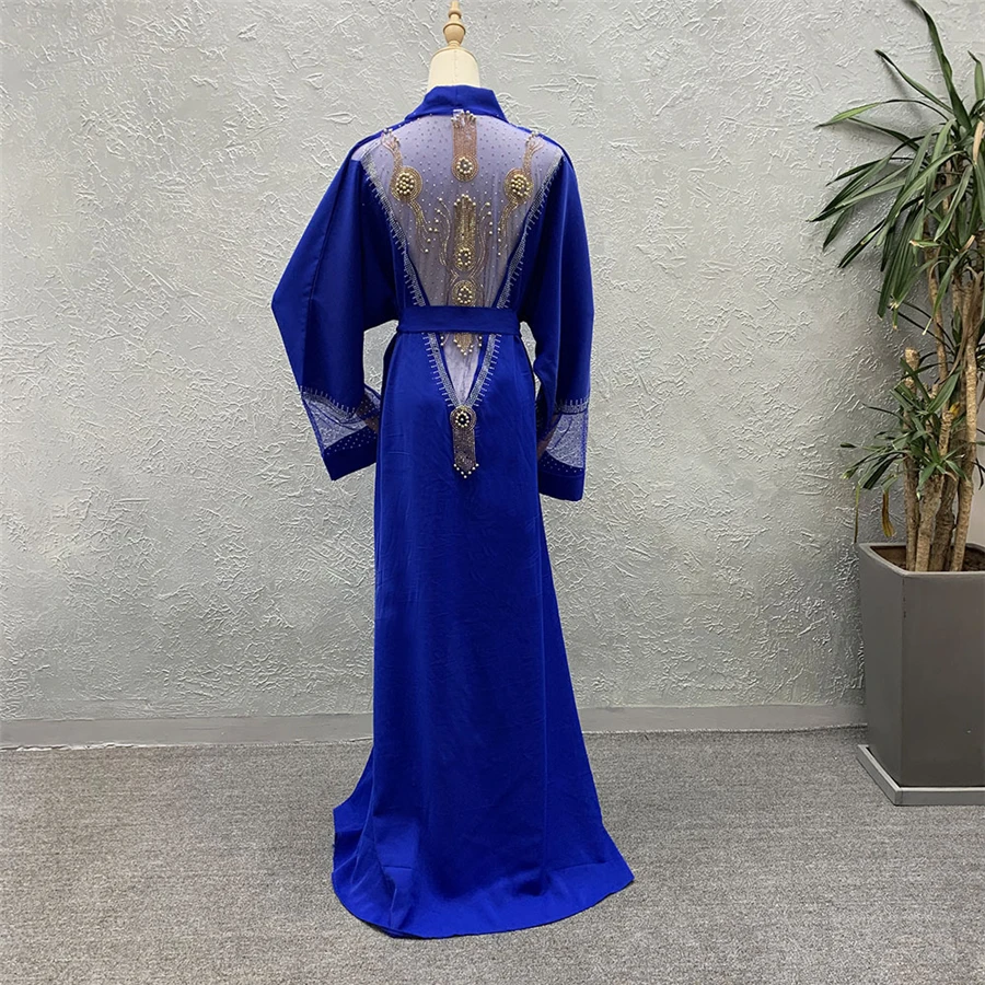 BAIBAZIN Muslim African Women's Cardigan Robe Fashion Mesh Splicing Rhinestone Loose Bat Long Sleeve Skirt