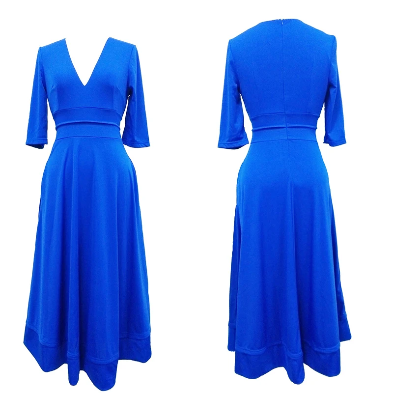 Sexy Deep V Neck Womens Causal Autumn Dresses Half Sleeve Mid Calf Women Elegant Party A Line Midi Dress Female Vestidos
