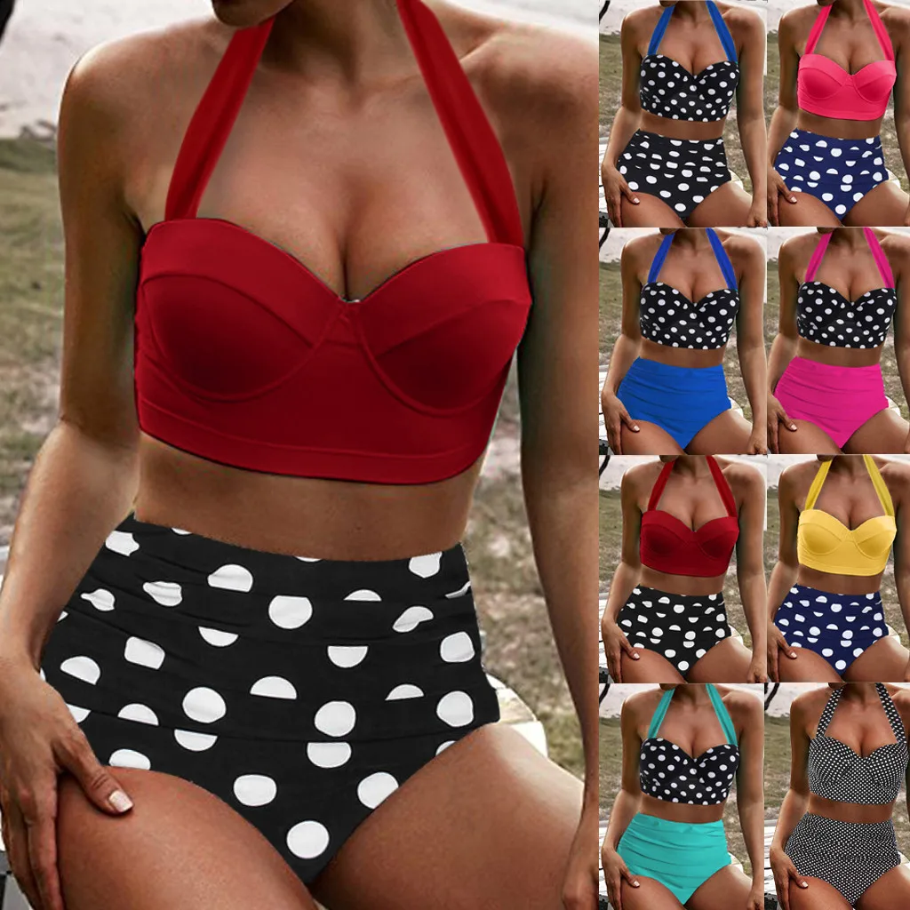 Women Summer Print Two-piece Bikini Set High Waist Push-Up Padded Halter