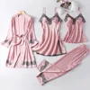 4PCS סאטן הלבשת ליידי פיג 'מה חליפת נייטי & Robe סט סקסי אינטימי הלבשה תחתונה מזדמן כלה חתונה מתנה Homewear כתונת לילה