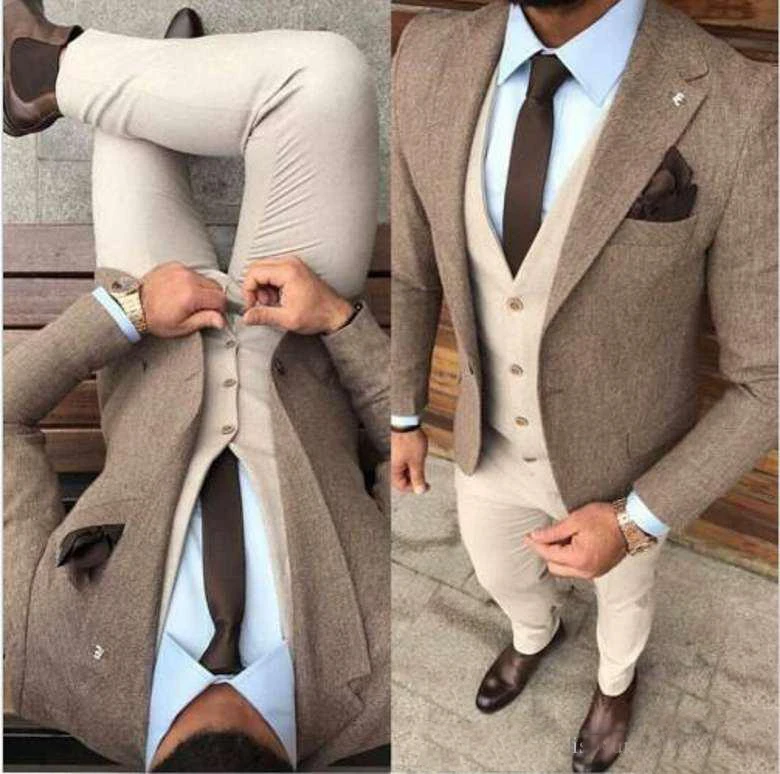 Gentleman Winter Tweed Fabric Man Business Suits Groom Tuxedos M
