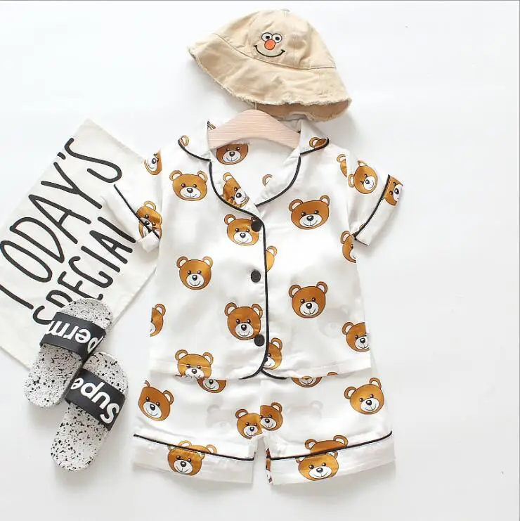 Новая летняя Детская Хлопковая пижама с принтом клубники для девочек домашняя одежда для мальчиков, Детская домашняя одежда, комплекты одежды для сна, ночная рубашка, комплект из От 1 до 4 лет