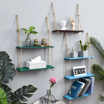 

1/2/3 Tier Wooden Storage Racks Wall Rope Hanging Shelf Decor Of Bedroom Living Room Kitchen Office Flower Pot Sundries Holders