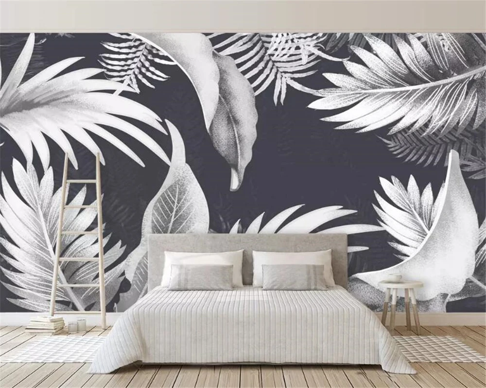 

Drop Shipping Custom Photo Wallpaper Painting Black And White Banana Leaf Wall Murals Living Room TV Sofa Backdrop 3d Wallpaper