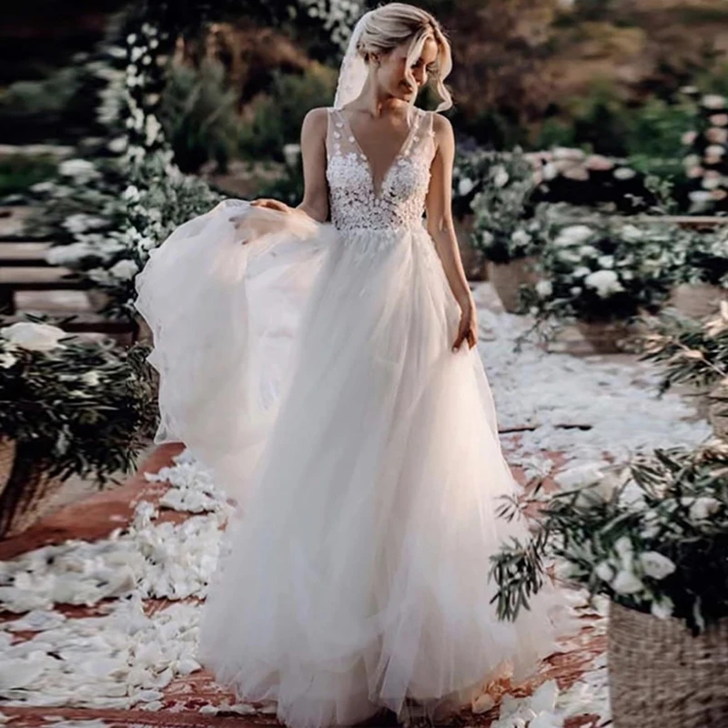 Бохо свадебное платье Тюль V шеи длинное пляжное свадебное платье Vestidos De Novia открытая спина белое свадебное платье размера плюс