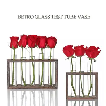 

Vintage Wooden Frame Glass Hydroponic Test Tube Vase Flower Pot Table Ornament