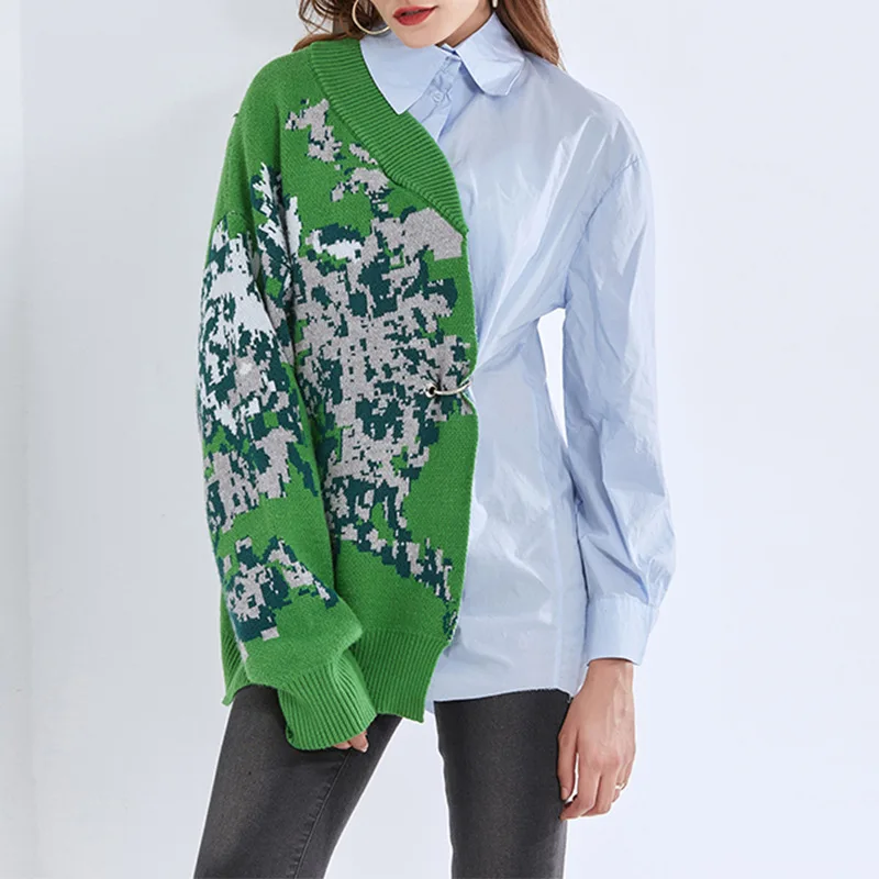 [High quality version] Brand Design Asymmetrical Women Tops Long-sleeved Knit Sweater Shirt Patchwork 2021 new Chic Clothes | Женская