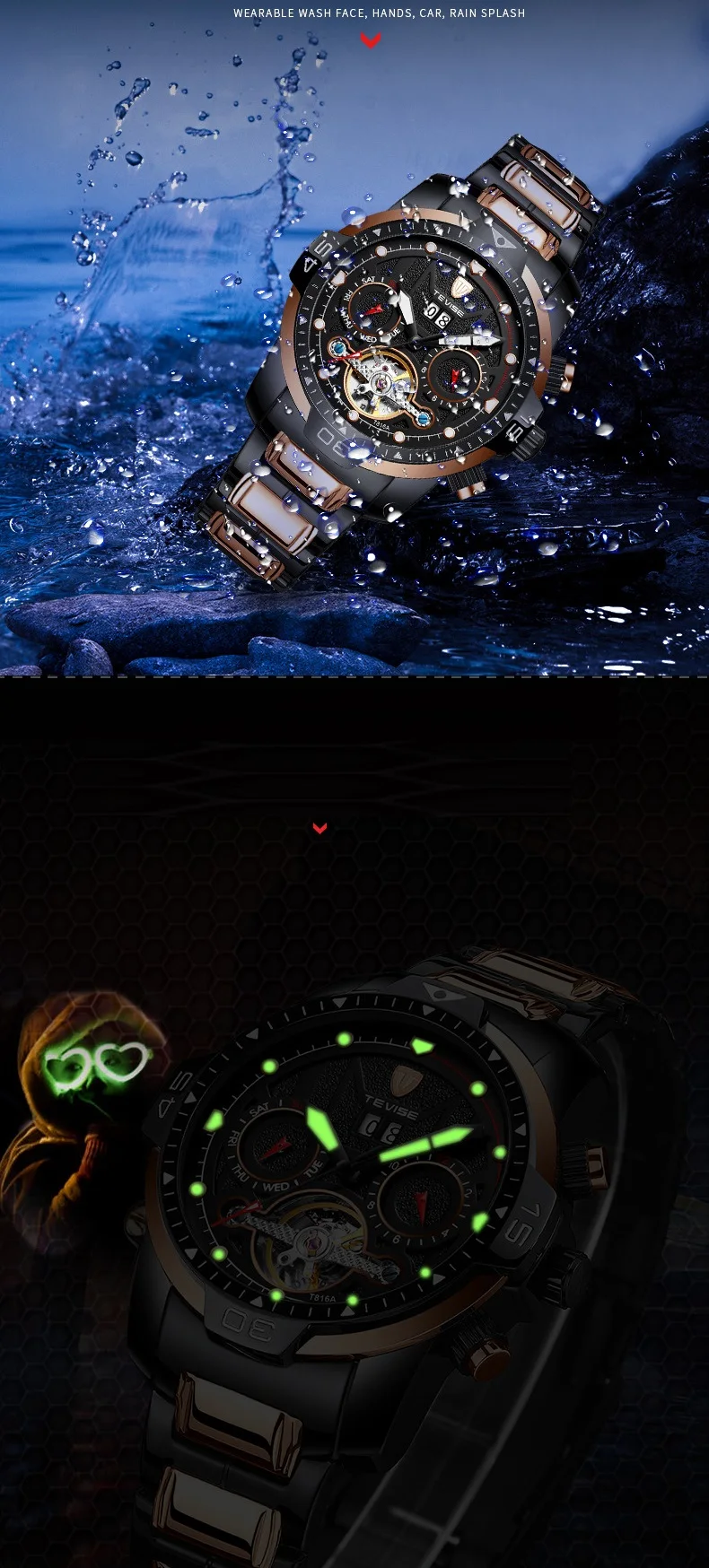 Big Man Watch TEVISE T816A Tourbillon Week Date Month Automatic Mechanical Wristwatch Luminous Hand Scale Watch Men Dropshipping (7)