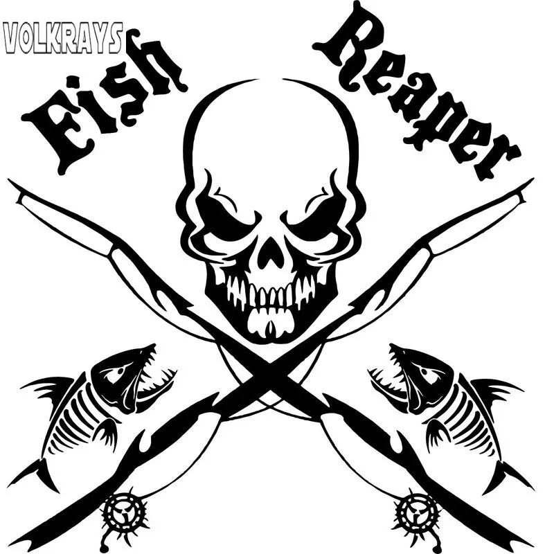 Volkrays Fashion Car Sticker Fish Reaper Skull Fishing Rod Graphic Accessories Reflective Vinyl Decal Black/Sliver 16cm*16cm | Автомобили