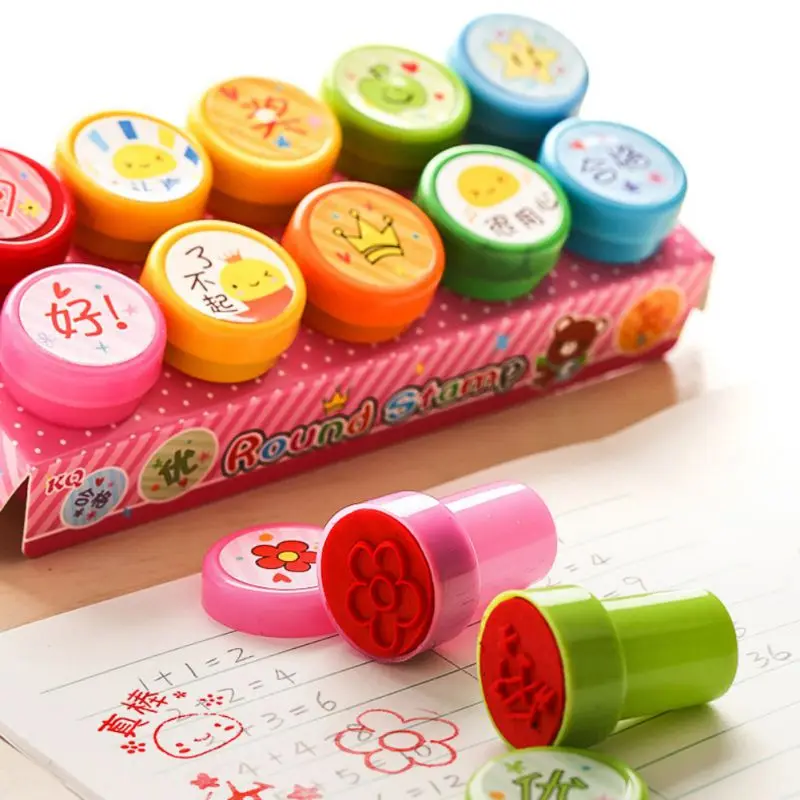 

10 Pcs/lot Assorted Funny Self-Inking Plastic Stampers Set for Kids Ink Stamps DIY Craft Party Favor Teacher Stamps Decor Tools
