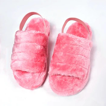 

Pink Slide Woman Flat Sandals Ladies Cute Fluffy Fake Fur Slippers Fashion Furry Faux Fur Slides With Strap