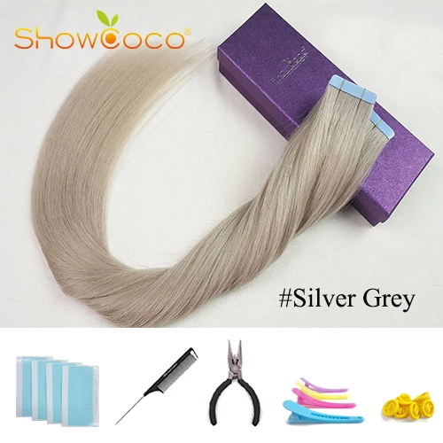 Color Silver Grey ShowCoco ленты в режиме реального Пряди человеческих волос для наращивания Реми Невидимый Двусторонняя голубая лента темно-Цвета натуральная расширение для тонких волос - Цвет: Color Silver Grey