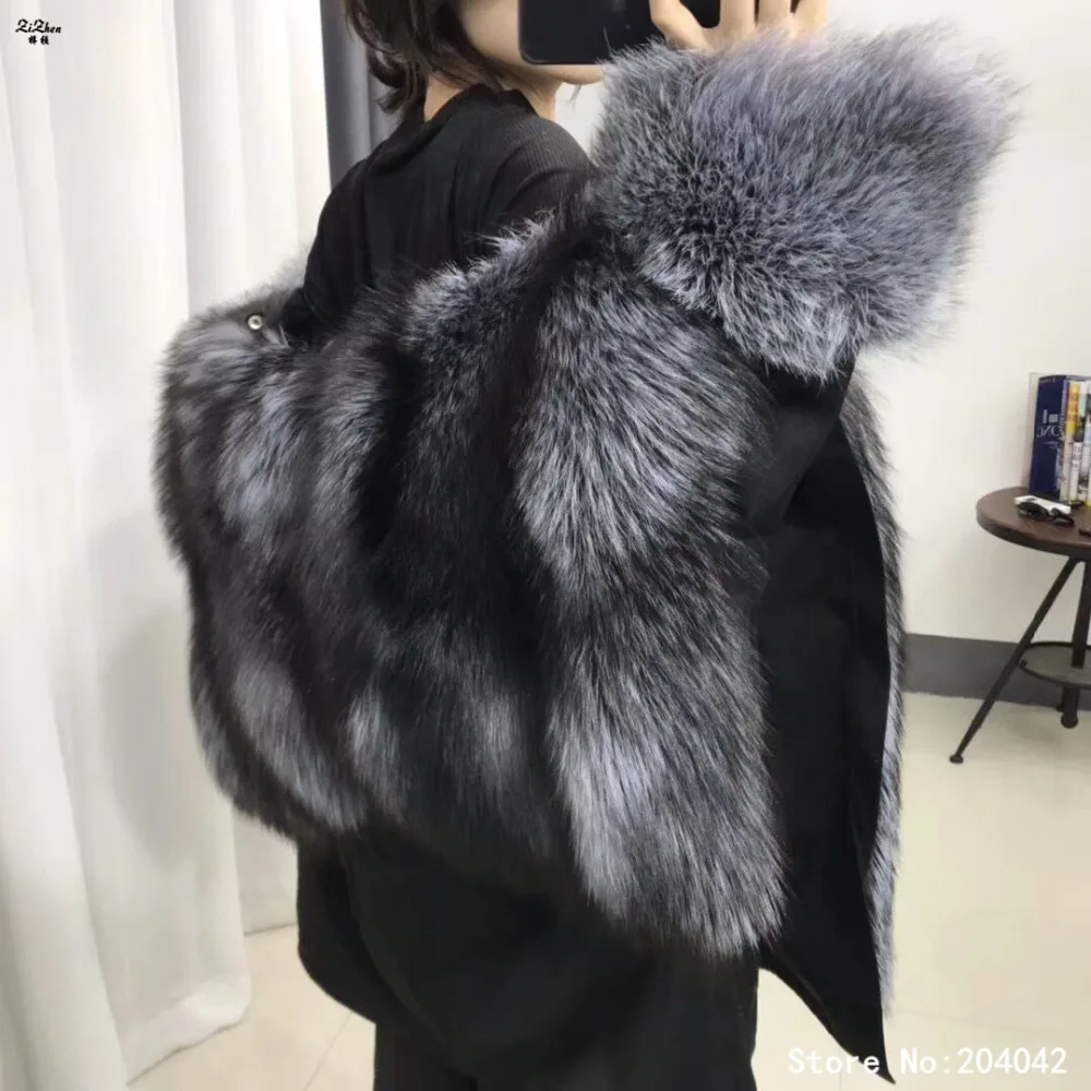 ZiZhen Parka Overcoat Real Rex Rabbit Fur Inside Full Belt Big Sliver Fox Fur Collar Thick Warm Winter Woman WEIZHEN20191030-1