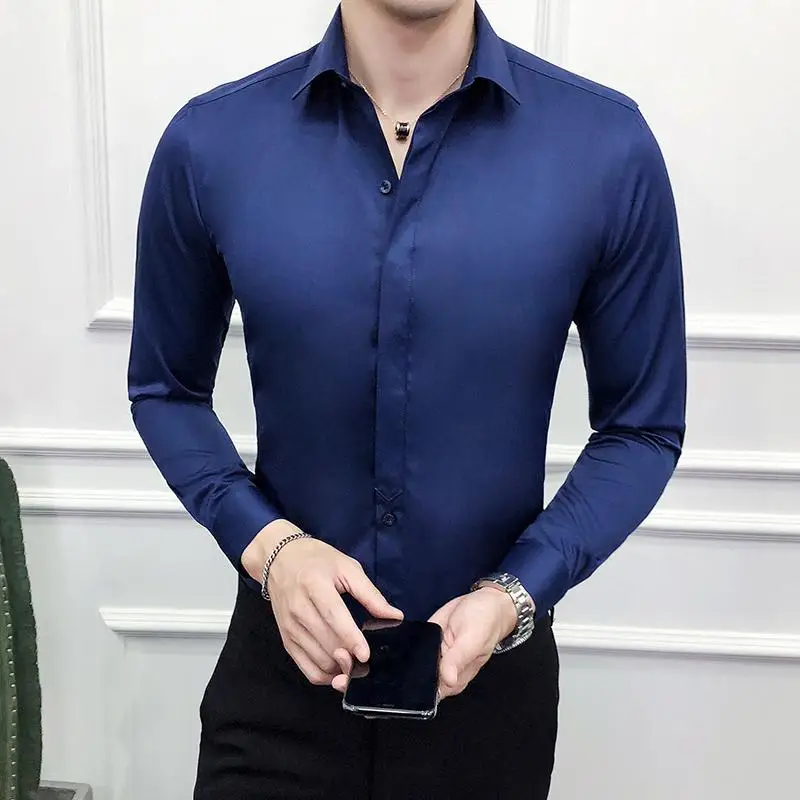 Качество саржа мужские рубашки без груди карман Sqaure воротник Slim Fit с длинным рукавом мужские топы Осенняя рубашка мужская - Цвет: Navy Tuxedo Shirt