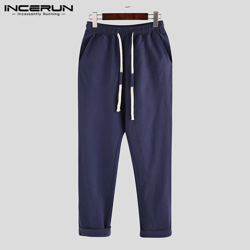 Navy INCERUN, модные, мужские, одноцветные, эластичный пояс, шнурок, прямые брюки, удобные, хлопок, повседневные брюки, джоггеры, мужские, s, спортивные штаны - Цвет: Navy