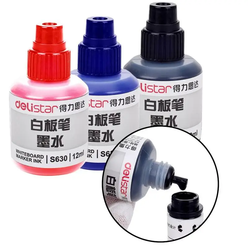 

12ml Deli Whiteboard Pen Ink Red / Black / Blue Reusable Ink Refill Liquid Whiteboard Pen Ink Wholesale Stationery Supplies