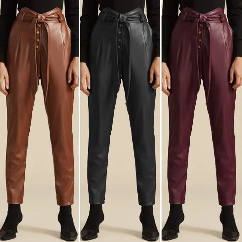 ZANZEA Stylish PU Leather Pants Women's Autumn Trousers Casual Elastic Waist Long Pantalon Palazzo Female Solid Turnip Oversize ZANZEA Stylish PU Leather Pants Women's Autumn Trousers Casual Elastic Waist Long Pantalon Palazzo Female Solid Turnip Oversize