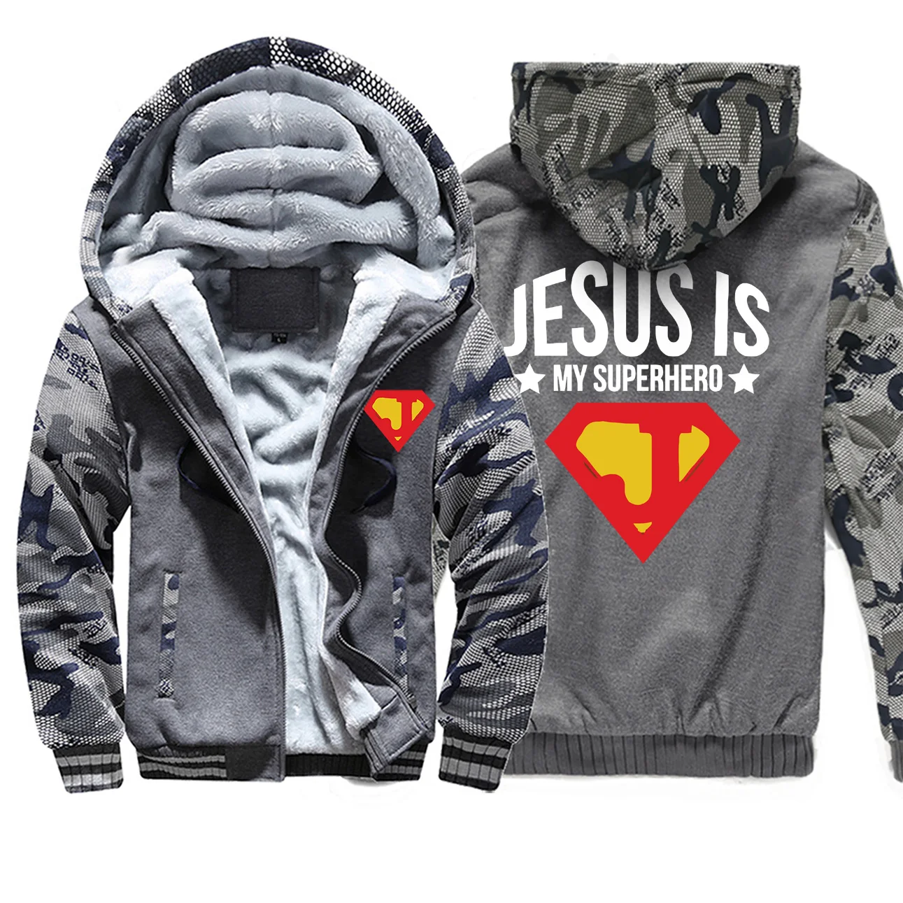Jesus Is My Superhero куртки мужские толстовки с капюшоном Толстовка Зимние толстые пальто на молнии Спортивная камуфляжная верхняя одежда размера плюс