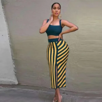 

2019 Women Two Piece Set Dress Bandage Fashion Striped Spaghetti Strap Blue Short Top Sexy Bodycon Midi Vestidos Party Clubwear