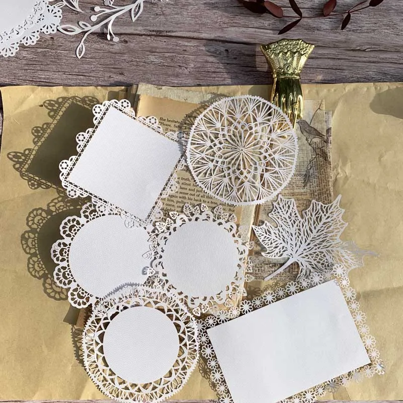 

10pcs Retro Lace Butterfly Leaf Hollowing Out flower Square/Circular/Rectangle Paper Deco Sticker DIY Scrapbooking Album Escolar
