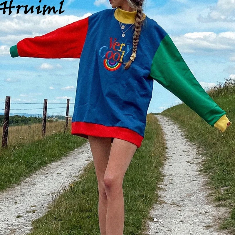 Casual Women Sweatshirts Letter Print Autumn Winter Long Sleeve Stand Collar Female Blouses Color Matching Fashion Tops Loose | Женская