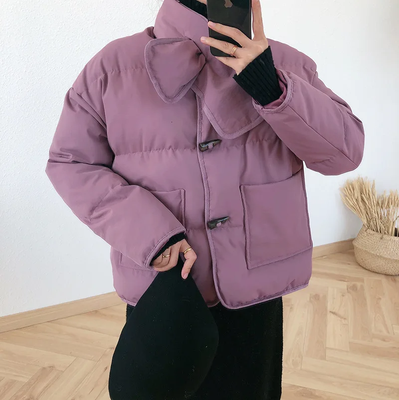 Mooirue зимняя Осенняя Корейская Куртка Harajuku пальто с роговой пряжкой хлопковая стеганая одежда свободная Милая однотонная парка пальто