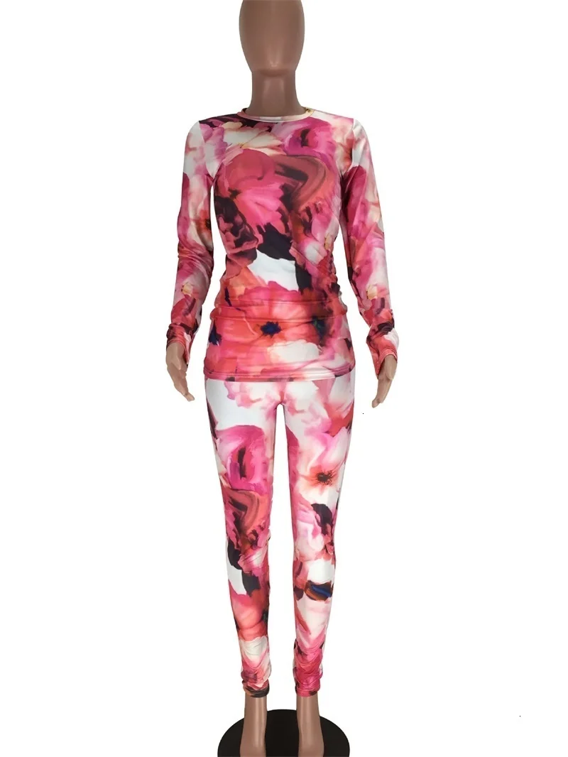 Неоновый цветочный принт сращенный комплект из двух предметов для женщин с длинным рукавом См. Пуловер и узкие брюки спортивные костюмы 2 шт. наряд