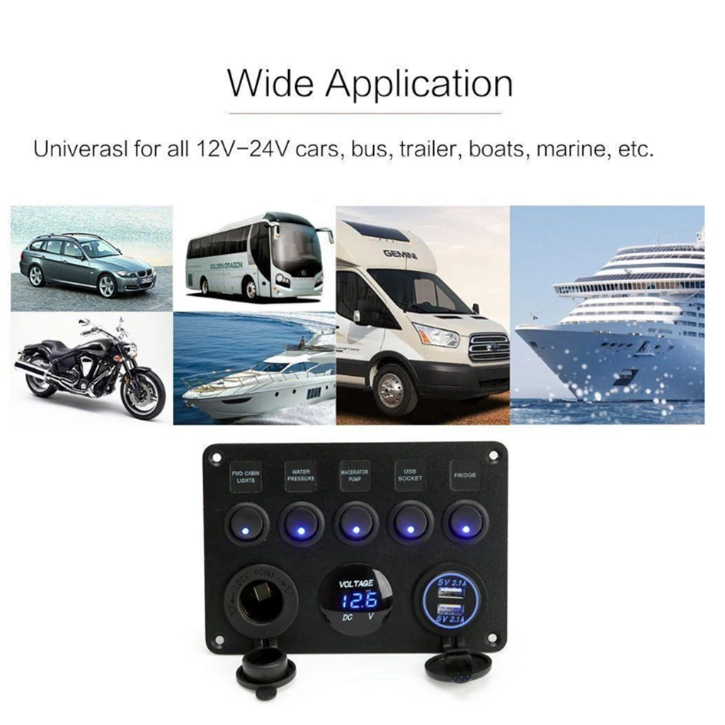 5 Gang LED Rocker Control Panel Switch Circuit Charger 12/24V-Yacht RV Car 