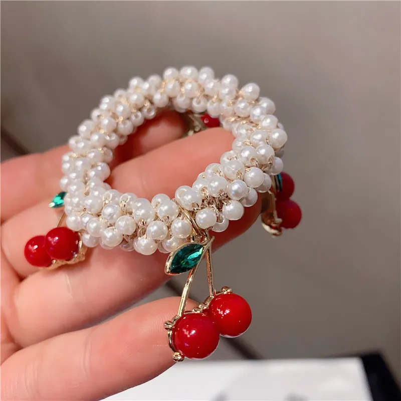 

Korean Fashion Hair Bands Pearl Hair Tie Red Cherry Head Rope Sweet Grape Rubber Hairband Headdress Hair Accessories for Women