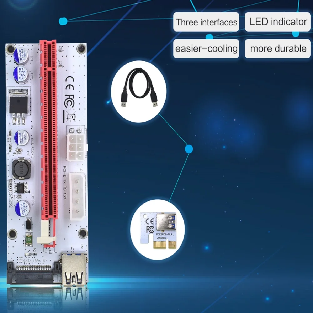 TISHRIC PCIE Riser Card Cable Adapter Mining 1X to 16X USB3.0 SATA Extender Molex PCI Express External Graphics Card for Laptop