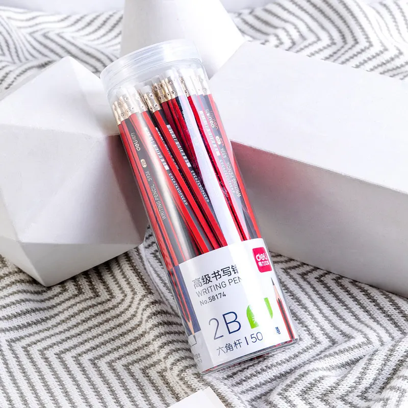 

Deli HB/2B Students Writing Pencil with Rubber Eraser Pencil Six Angle Rod Pencil 50 Sticks Barrel