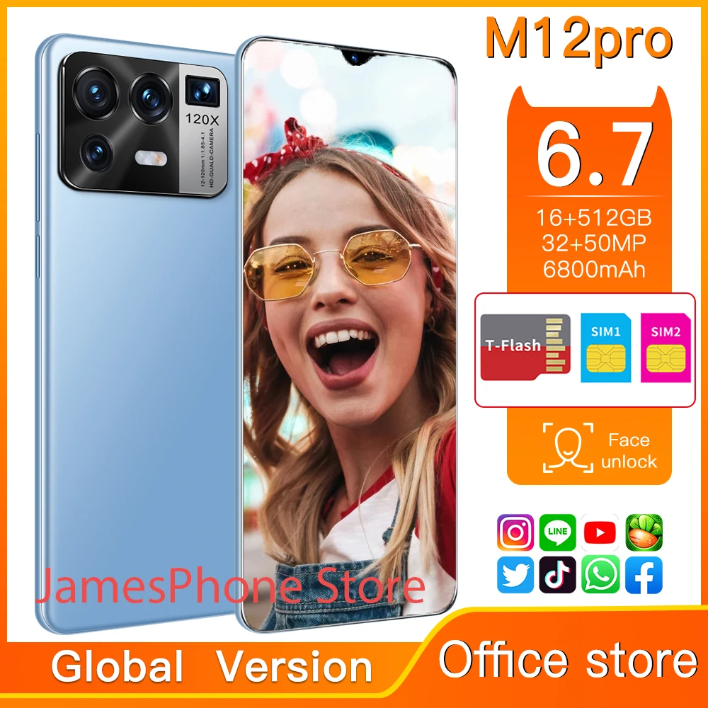 2021 New Smartphone M12pro Global Version 16G 512G Android 11 6.7 Inch Face ID Finger Print  6800mAh Snapdragon 888 Mobile Phone
