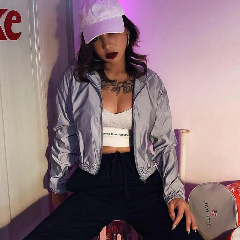 New Streetwear Women Fashion Hoodies Short Jackets Autumn Long Sleeves Reflective Tops Gothic Winter Co