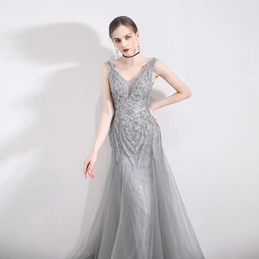 BacklakeGirls Avondjurken Met Parel глубокий Vneck без рукавов Тюль Русалка вечернее платье на шнуровке с открытой спиной