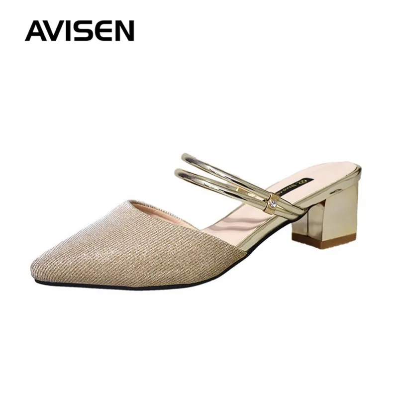 

2019 New Women Sandals Pointed Middle Heel Sequins Fashion High Heeled Sandals Slippers Summer Casual Ladies Pump