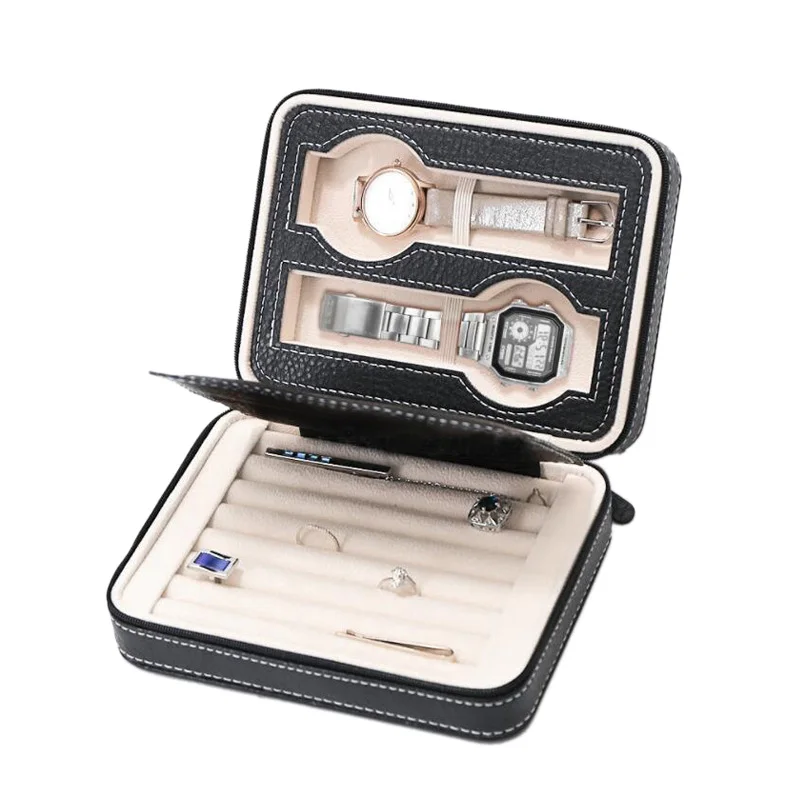 

Multifunction Pu Leather Jewelry Box Zipper Portable Travel Watch Jewelry Storage Box Ring Earring Case Jewelry Organizer