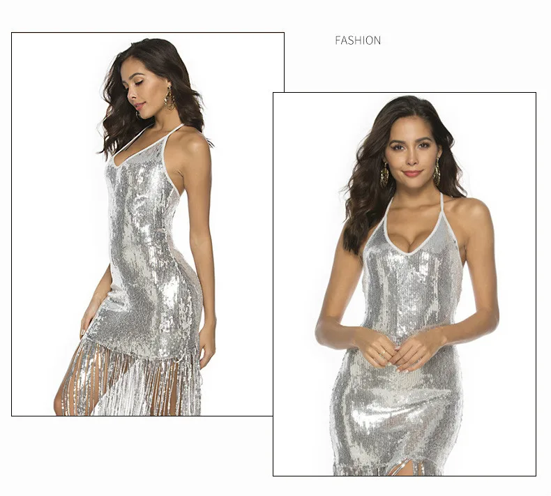 KAUNISSINA Sequin Tassel Cocktail Dresses Sexy Club Wear Party Dress Halter Strap Backless Party Gown Cocktail Dress