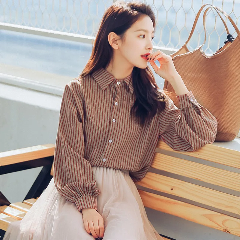 Полосатые женские блузки с отложным воротником рубашки длинными рукавами и