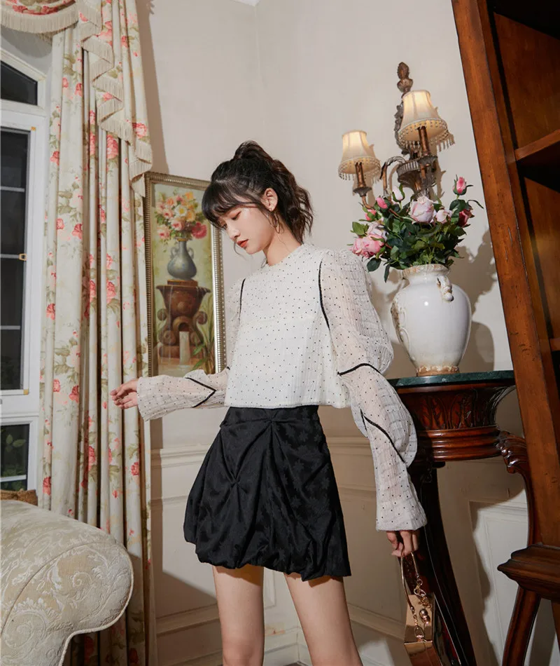 LANMREM 2020 round neck full sleeves autumn polka dots fashion women clothes white color pullover shirt female top WN
