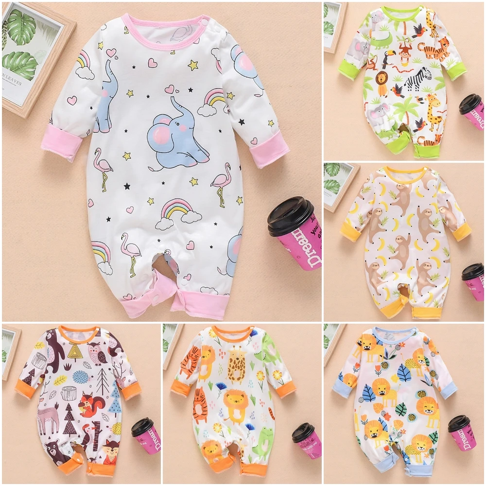 New Newborn Baby Clothes Boys Girls Romper Floral Dinosaur Car Printed Long Sleeve Cotton Romper Kids Jumpsuit Playsuit Outfits