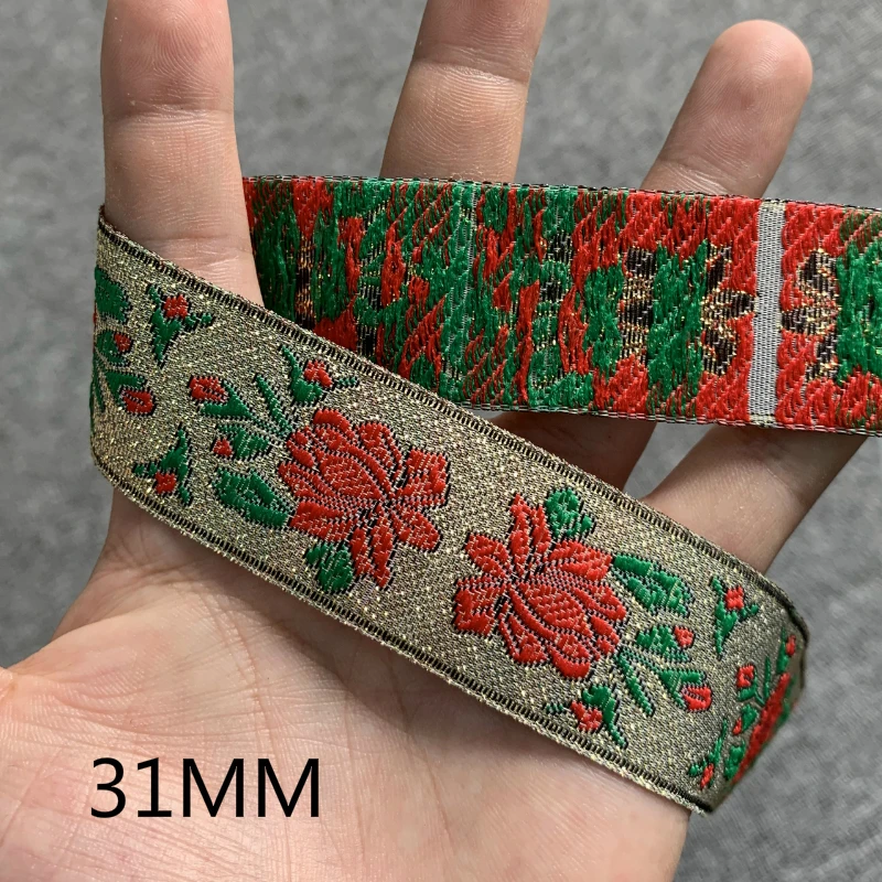 3 Yards 1.25" 30-35MM Gold Silk Vintage Ethnic Flower Lace Ribbon Boho Lace Trim DIY Clothes Bag Accessories Embroidered Custom